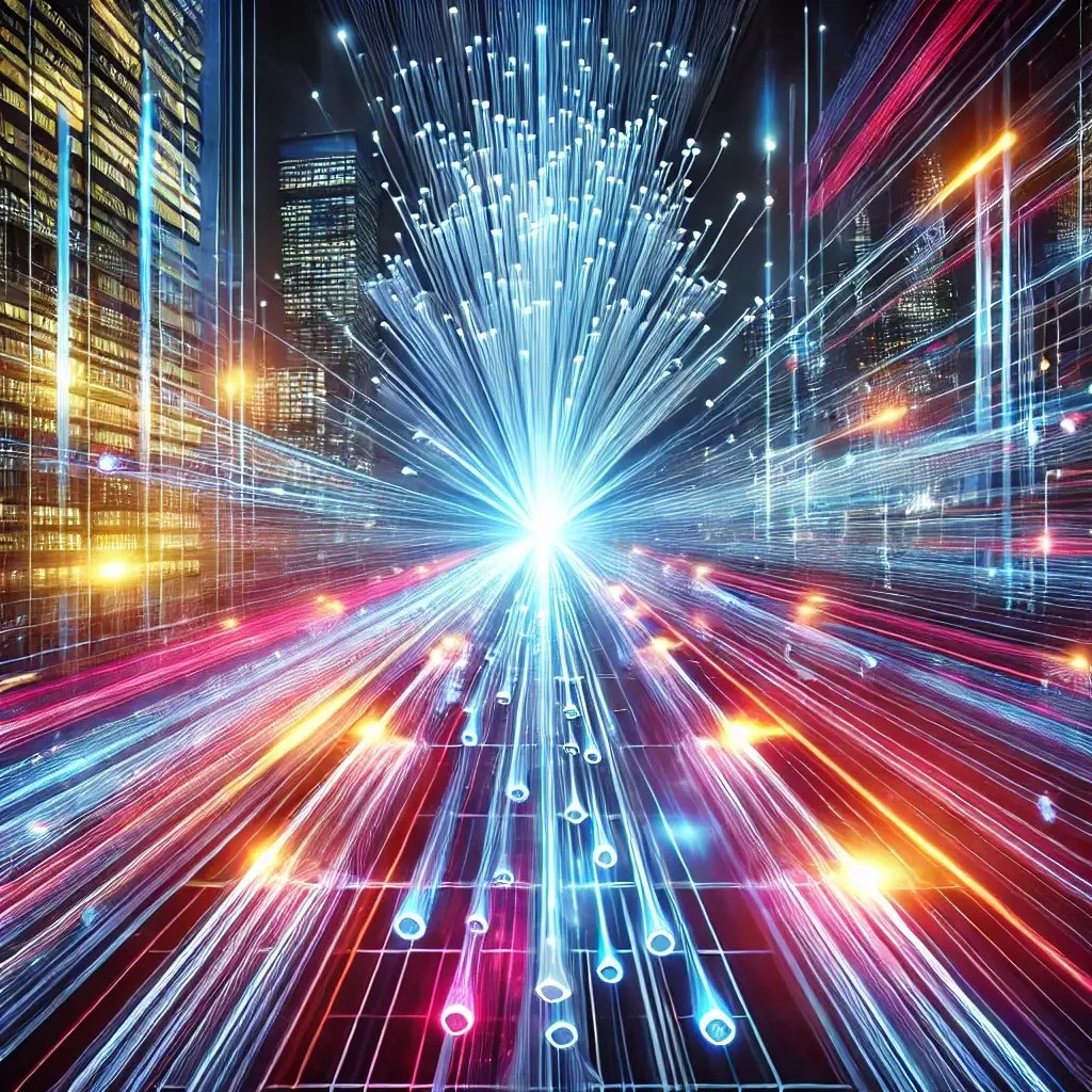 DALL·E 2025-01-15 09.49.27 - A vibrant and futuristic depiction of fast internet, showing glowing fiber optic cables transmitting data at high speed. The scene includes a dynamic 